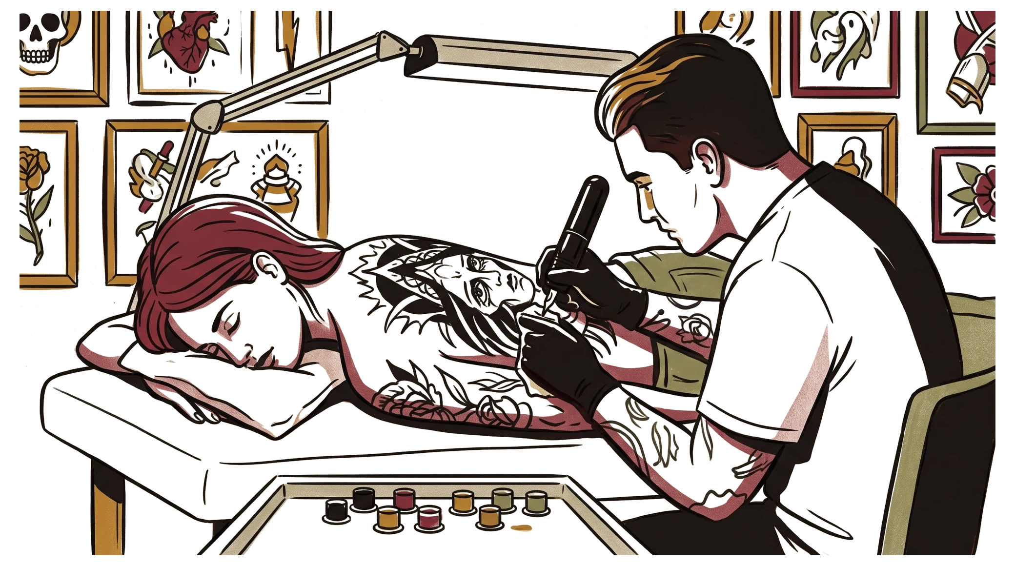 Illustration of an artist tattooing a large piece across a client's back