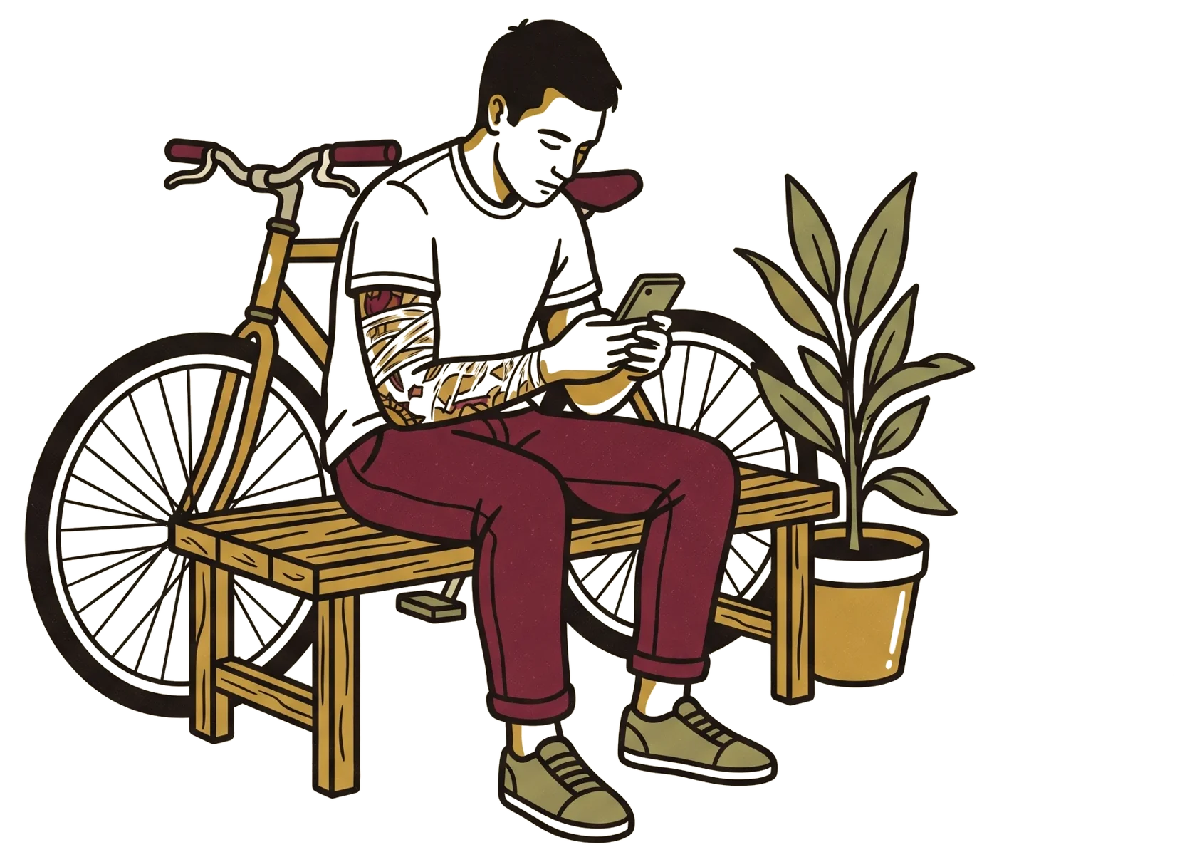 Illustration of a client on a bench outside the shop, fresh tattoo wrapped, phone in hand