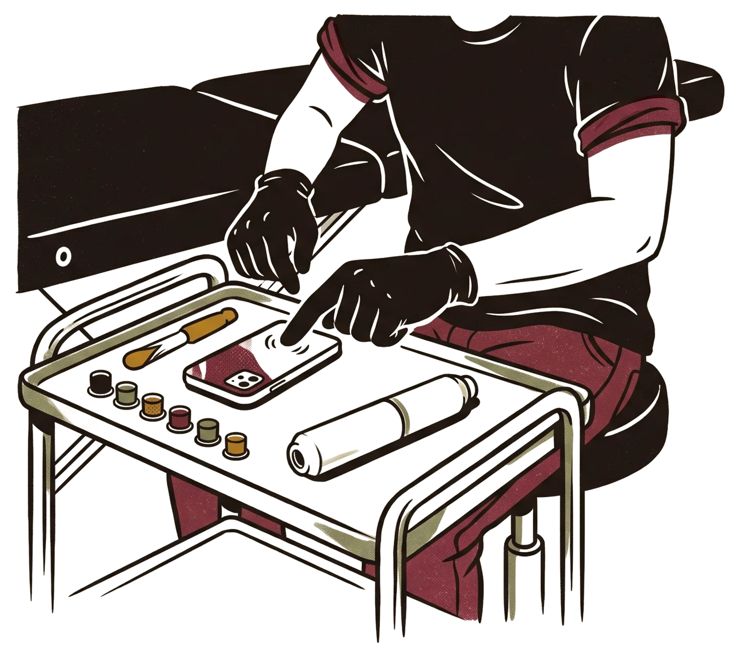 Illustration of a gloved artist tapping a phone on the tray beside them mid-session