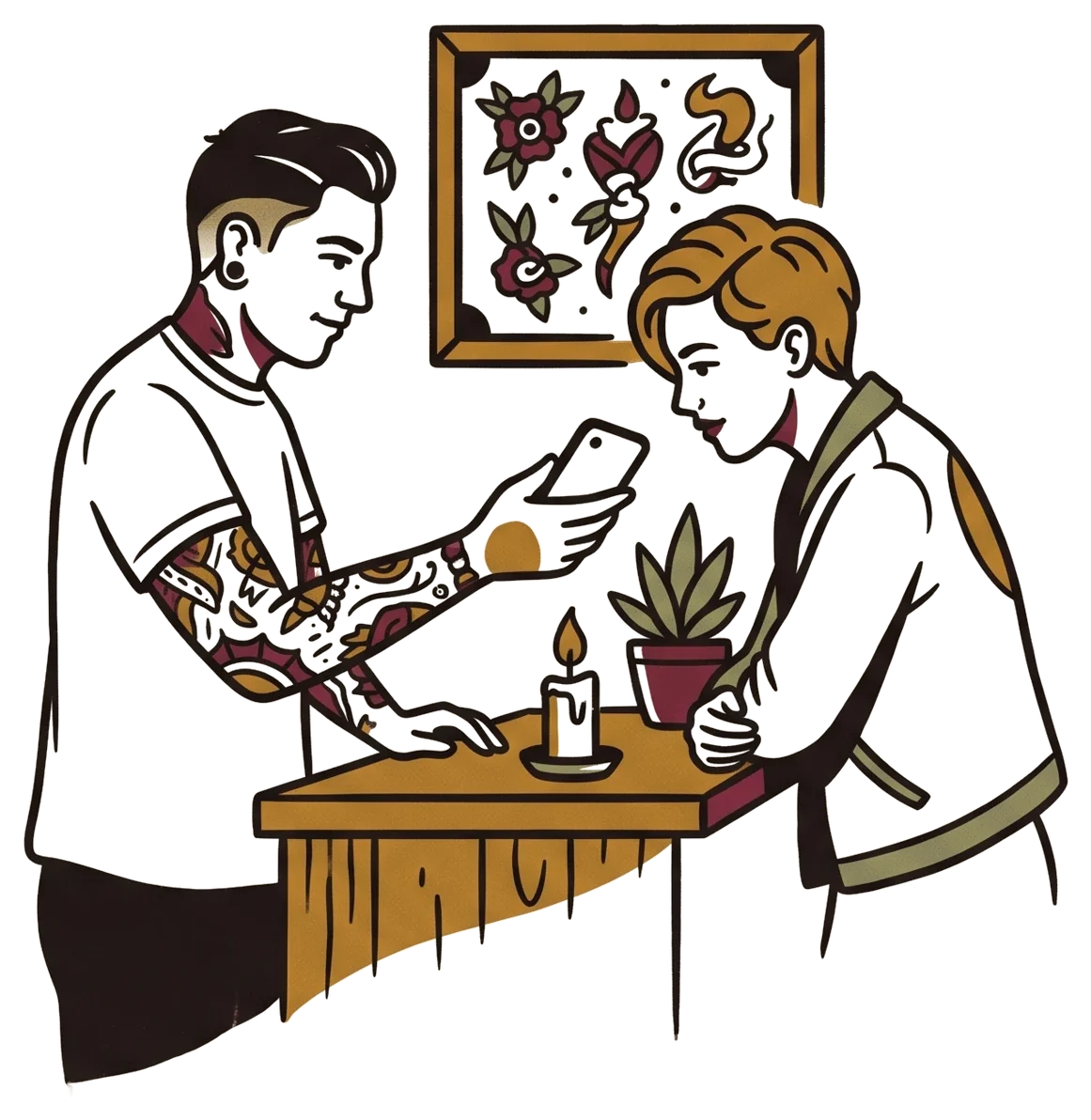 Illustration of an artist showing a client their held appointment on a phone across the counter