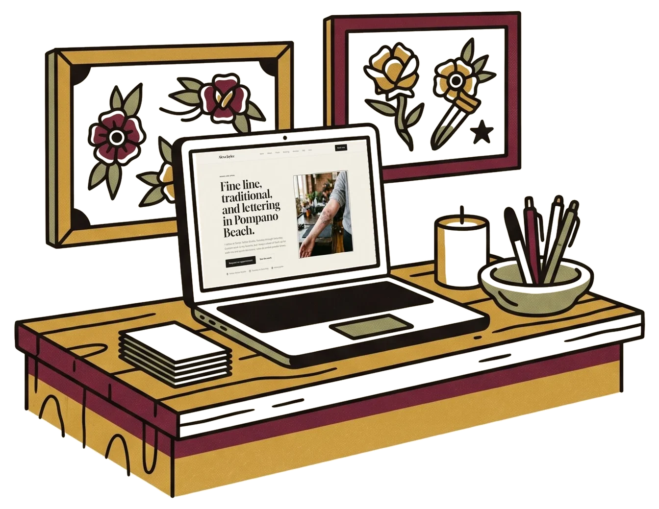 Illustration of a studio reception counter with a laptop showing an artist's Etchra website