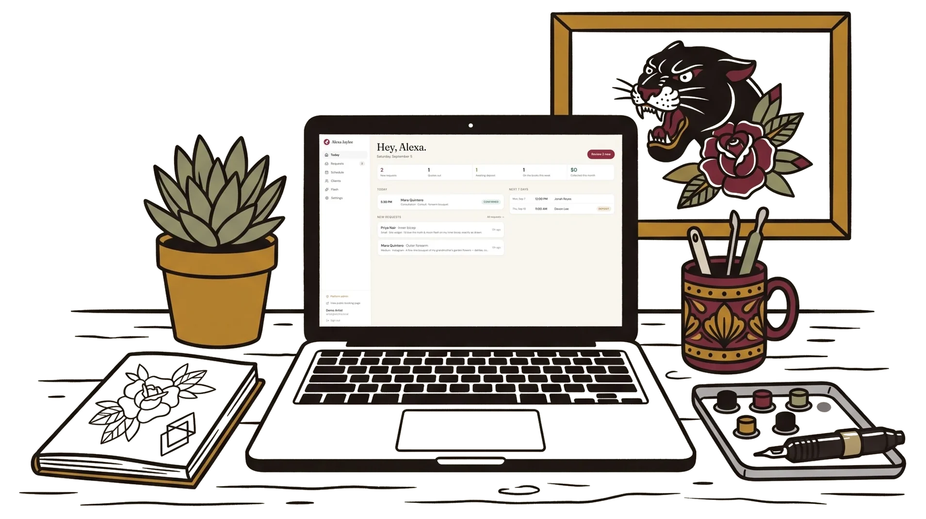 Illustration of a laptop on a studio desk showing the Etchra dashboard