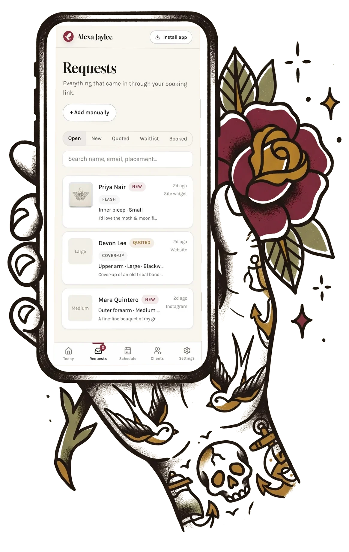 Illustrated tattooed hand holding a phone showing the Etchra request inbox