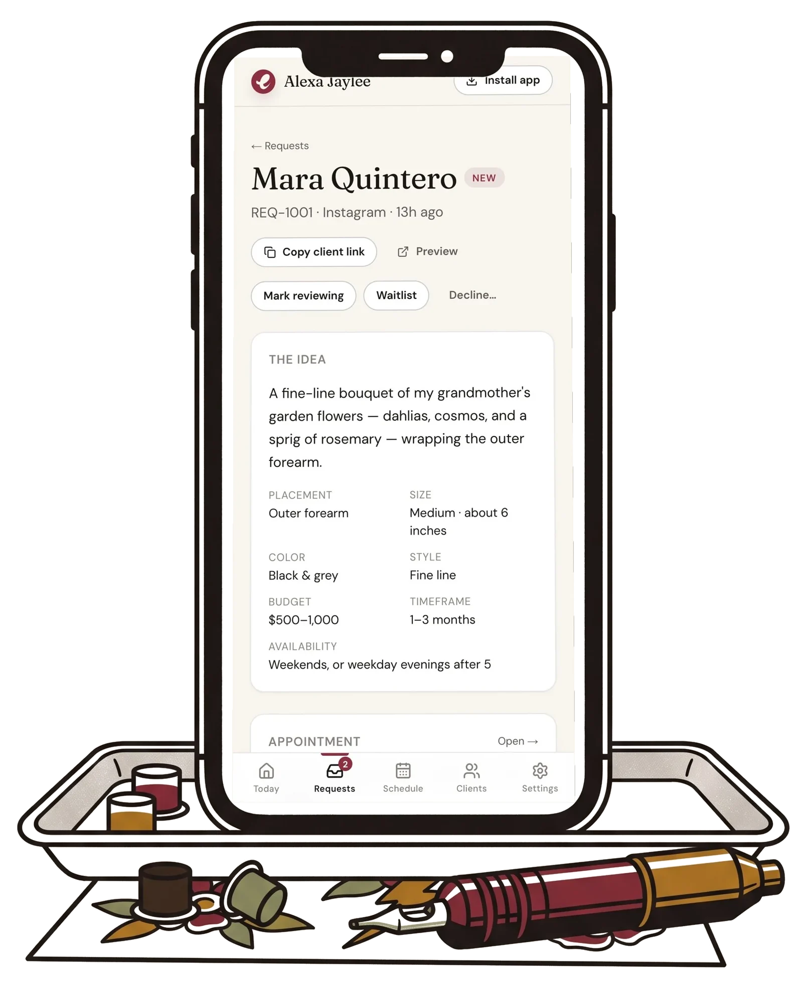 Illustrated phone propped on a workstation tray showing a request open in Etchra