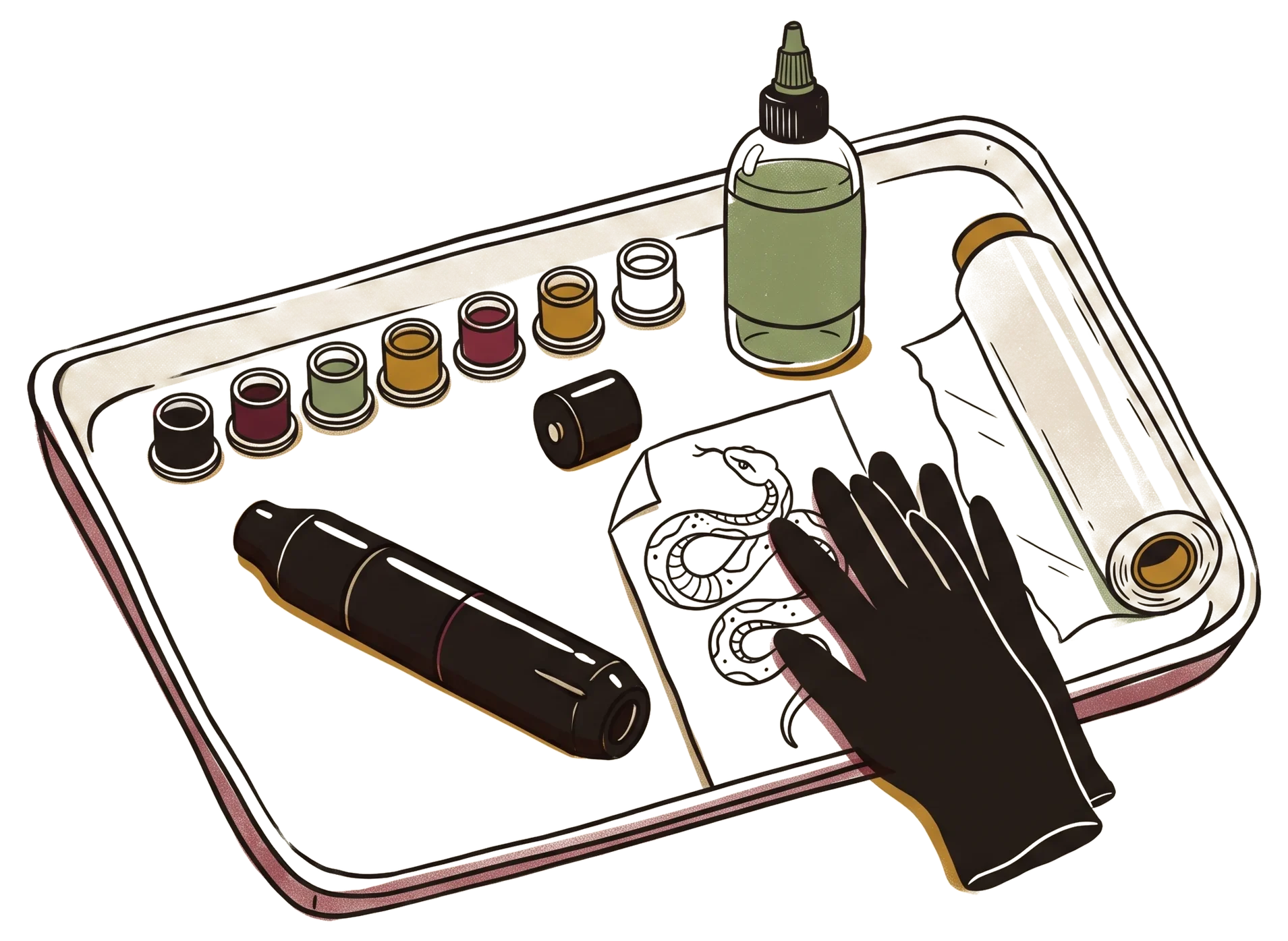 Illustration of a workstation tray with a pen machine, ink caps, gloves, and a stencil